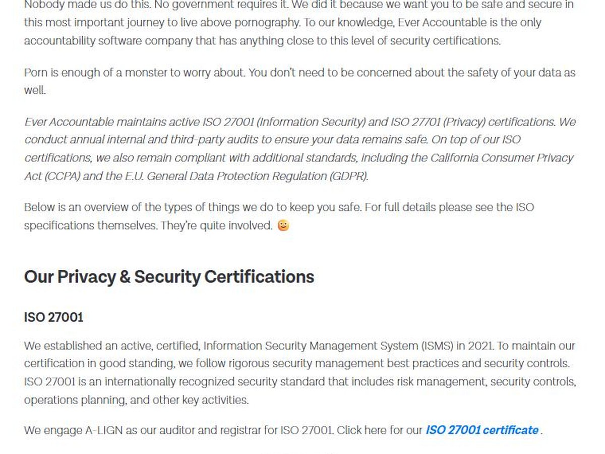 Ever Accountable ISO 27001 and ISO 27701 certification page audited by A-LIGN