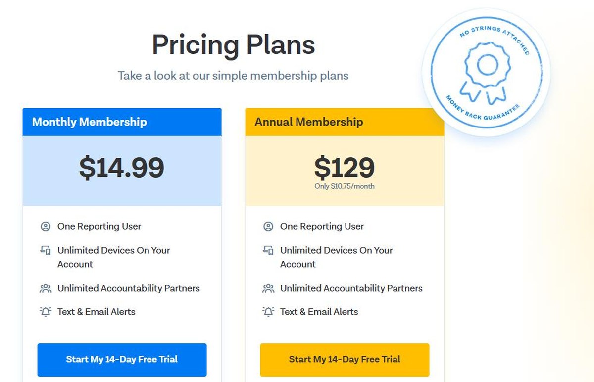 Ever Accountable pricing plans page showing monthly and annual membership costs