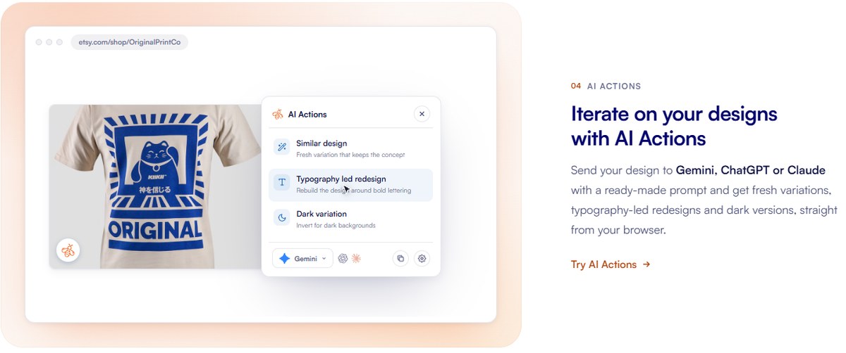 EverBee AI Actions sending an Etsy design to Gemini, ChatGPT or Claude for variations and typography redesigns