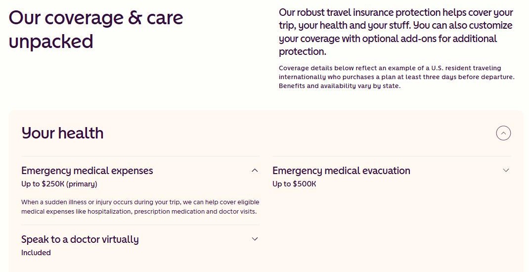 Faye medical coverage limits up to 250K and evacuation up to 500K