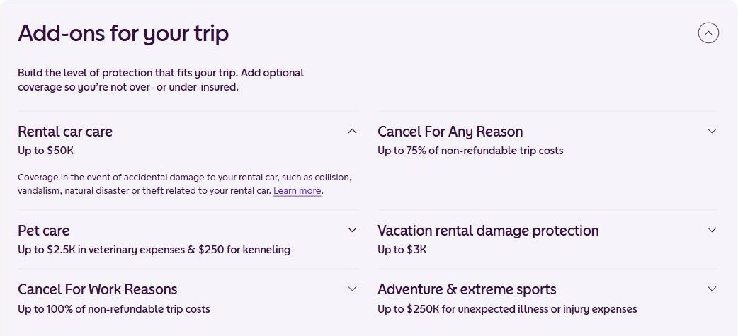 Faye travel insurance add-ons including CFAR, pet care and rental car