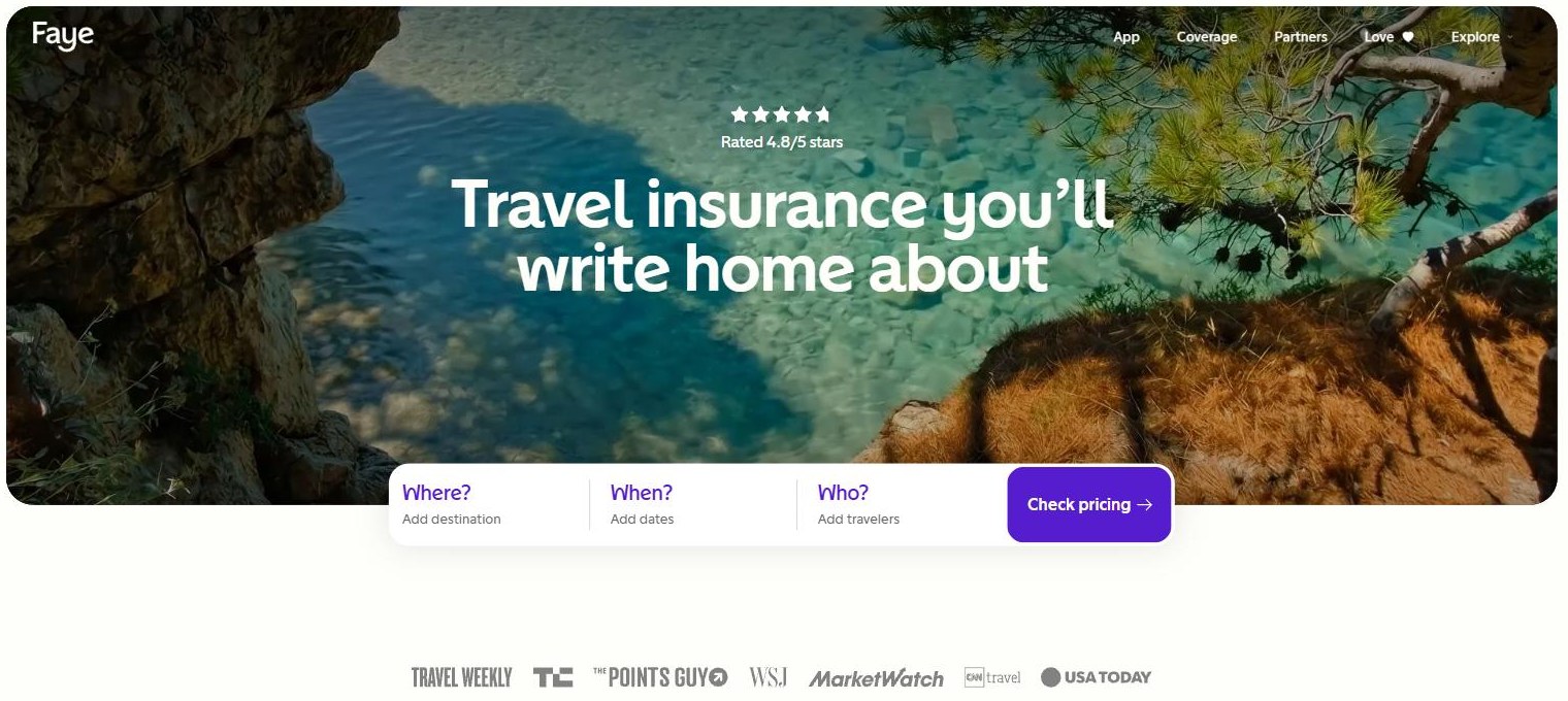 Faye travel insurance homepage rated 4.8 out of 5 stars