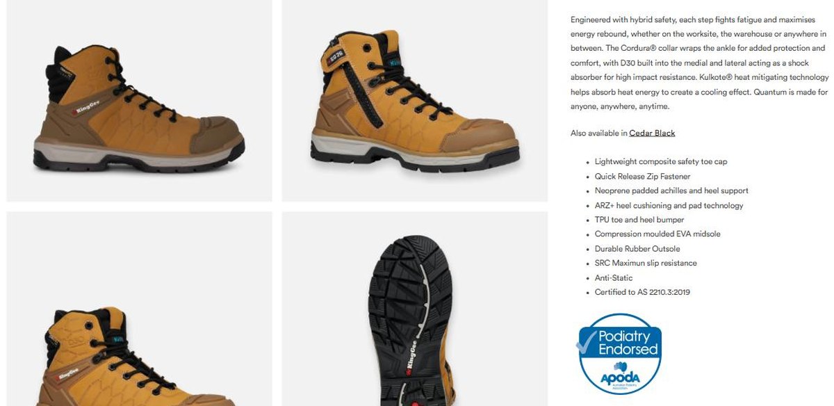 KingGee Quantum Hybrid work boot feature list with D3O Kulkote ARZ plus and AS 2210.3 2019 certification