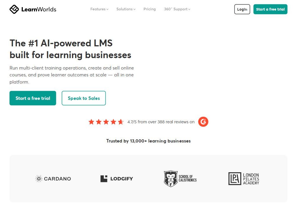 LearnWorlds AI-powered LMS homepage rated 4.7 on G2