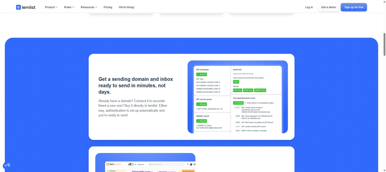 lemlist deliverability setup page showing SPF DKIM and DMARC checks passing and a SpamAssassin score
