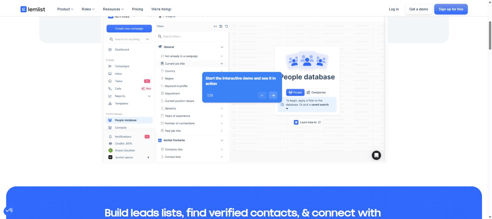lemlist People database inside the app with filters for job title country seniority and years of experience