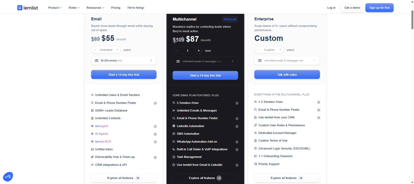 lemlist pricing page showing the Email Multichannel and Enterprise plans with feature lists