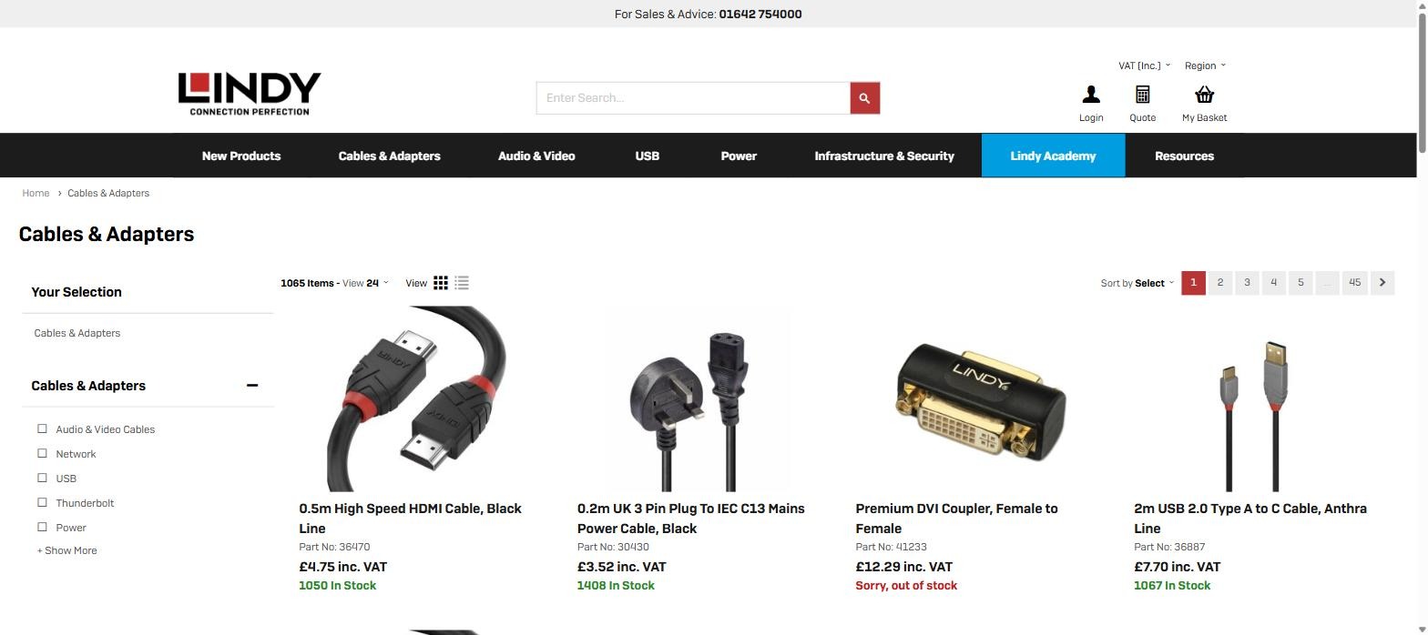 Lindy Electronics Cables and Adapters category showing 1065 items with part numbers, prices and live stock levels