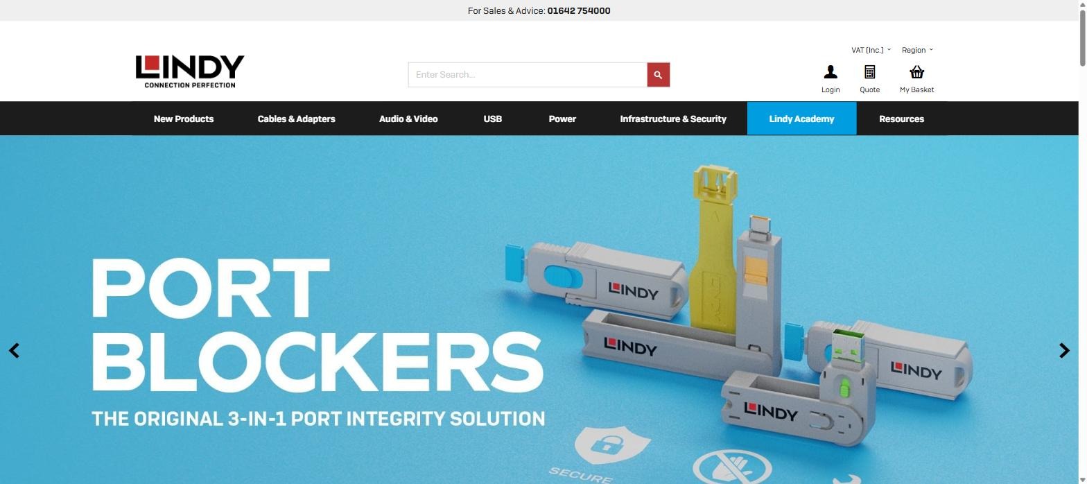 Lindy Electronics homepage showing the Connection Perfection tagline and the Port Blockers range