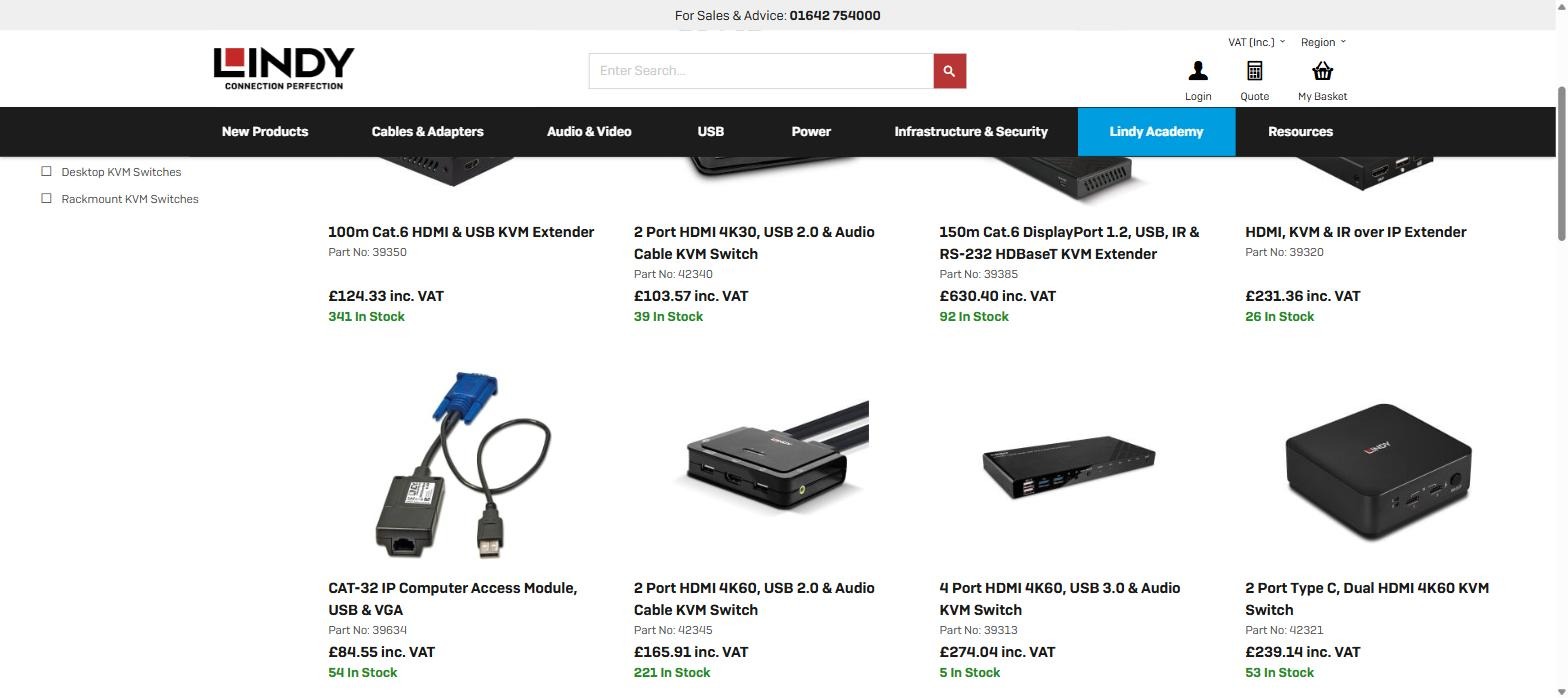 Lindy Electronics KVM switches and extenders with part numbers, prices and stock levels