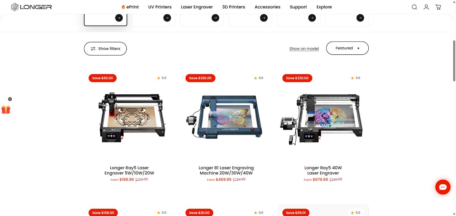 Longer3D laser engraver prices and permanent sale badges on the official store