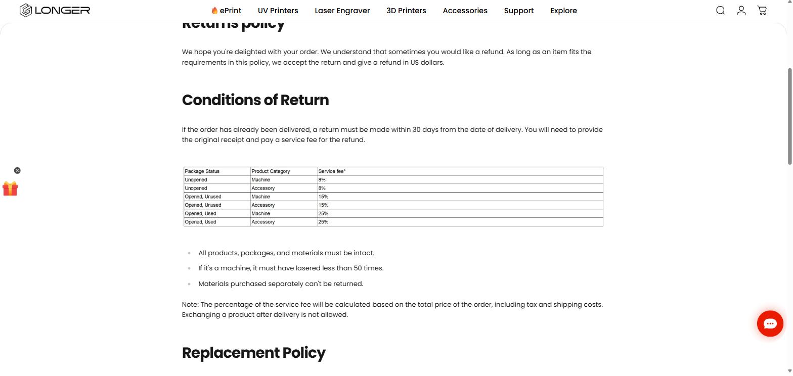 Longer3D return service fee table of 8, 15 and 25 percent