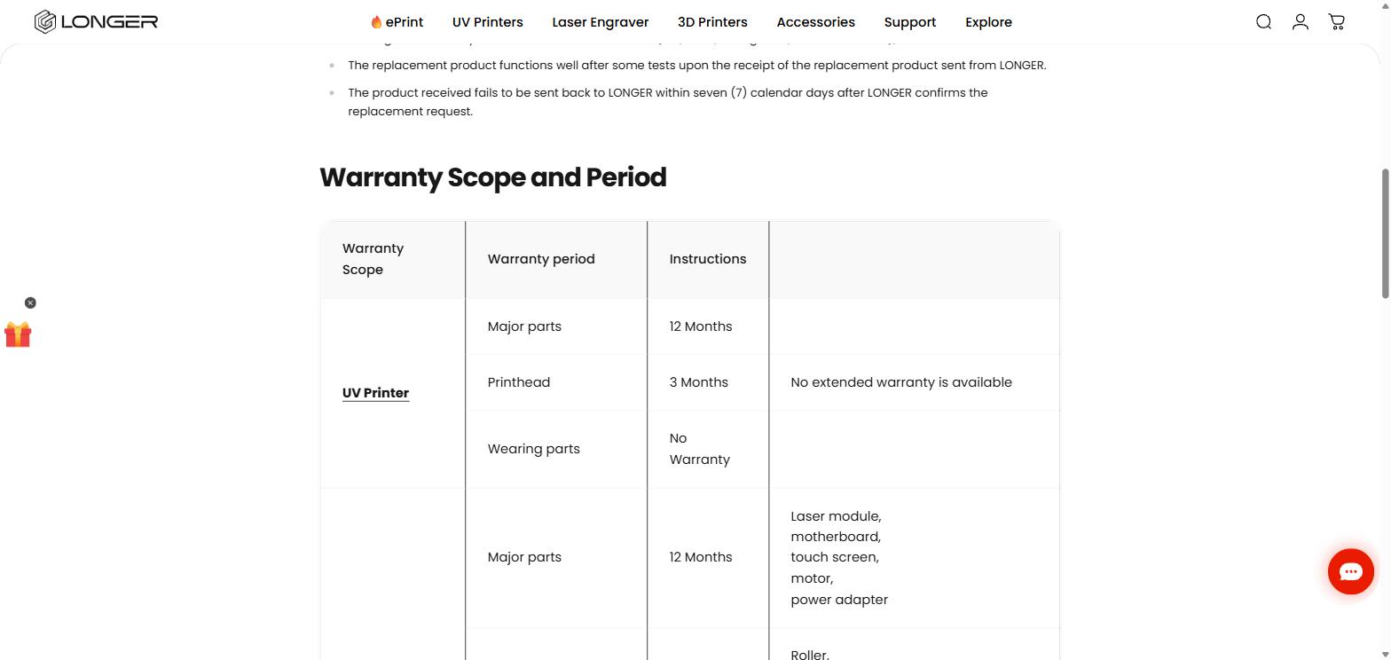 Longer3D warranty scope and period table showing 12 months and 3 months