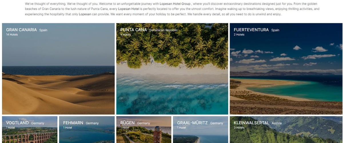 Lopesan Hotel Group destinations with hotel counts in Gran Canaria Punta Cana Fuerteventura Germany and Austria