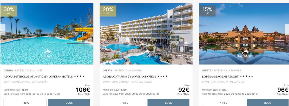 Lopesan live offers showing discounts of 15 to 30 percent and nightly prices per person