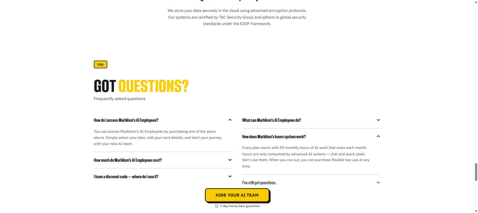 Marblism FAQ explaining the 50 hour monthly allowance and top-ups
