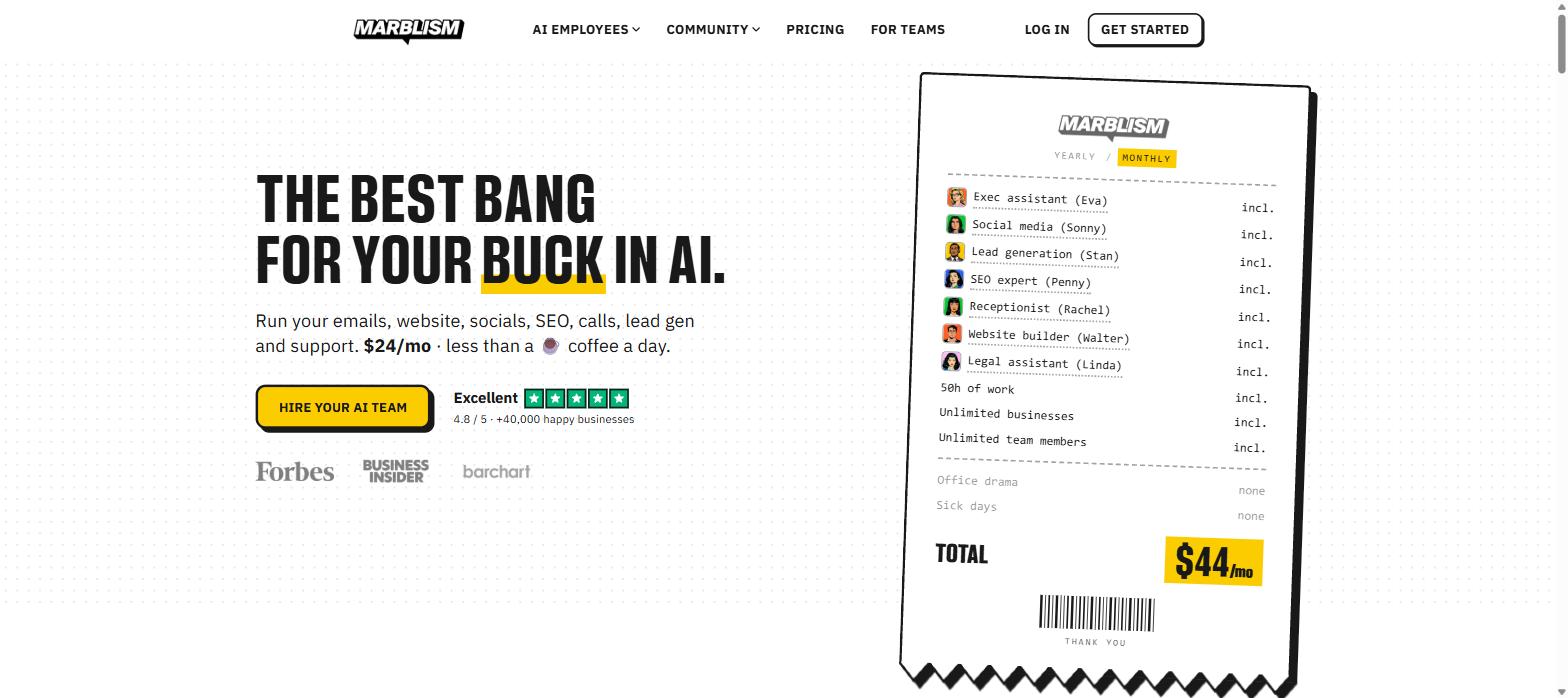 Marblism pricing page showing USD 44 per month on monthly billing