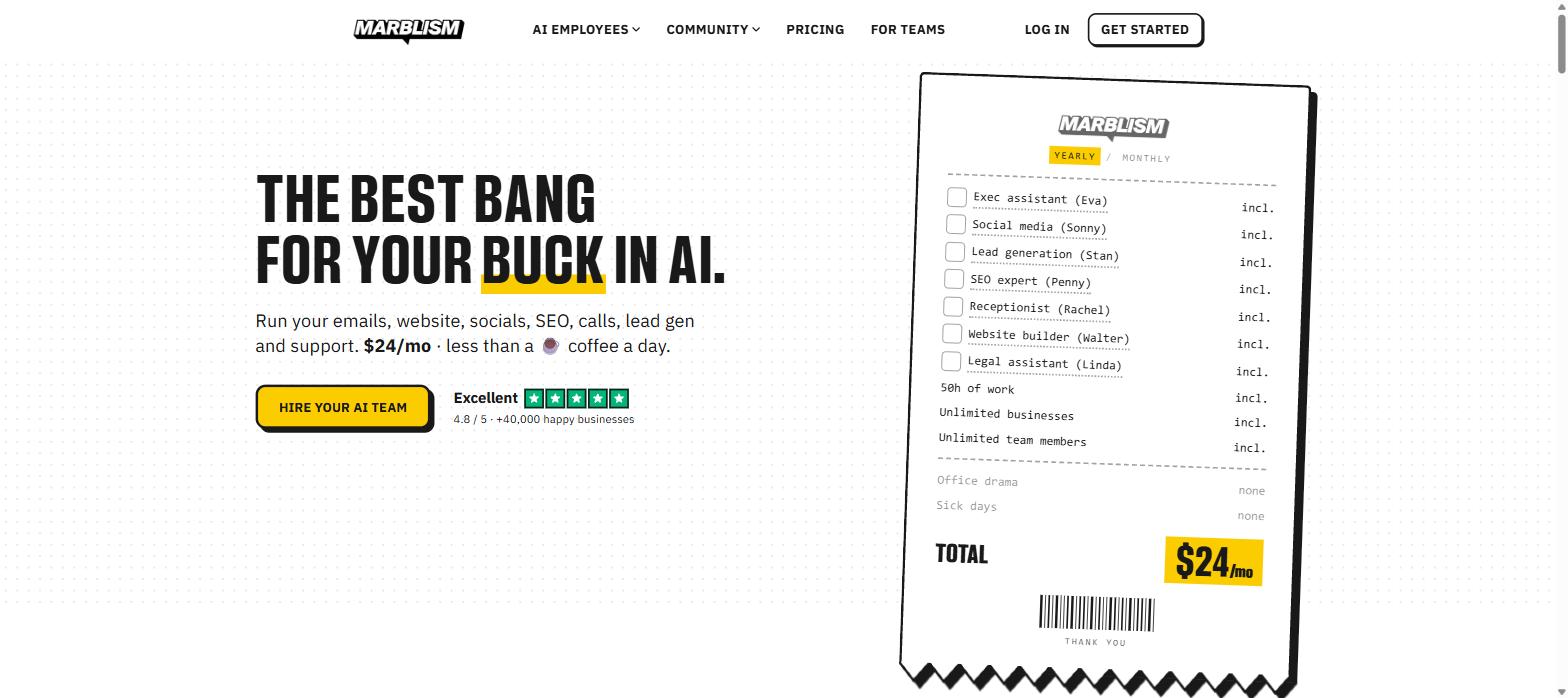 Marblism pricing page showing USD 24 per month on yearly billing