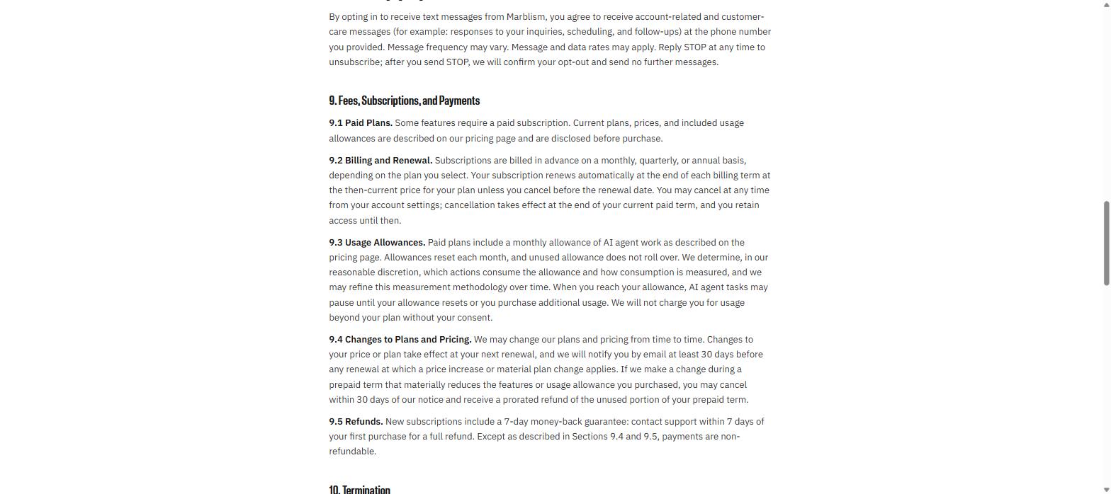 Marblism terms of service section on fees, subscriptions and the 7-day refund