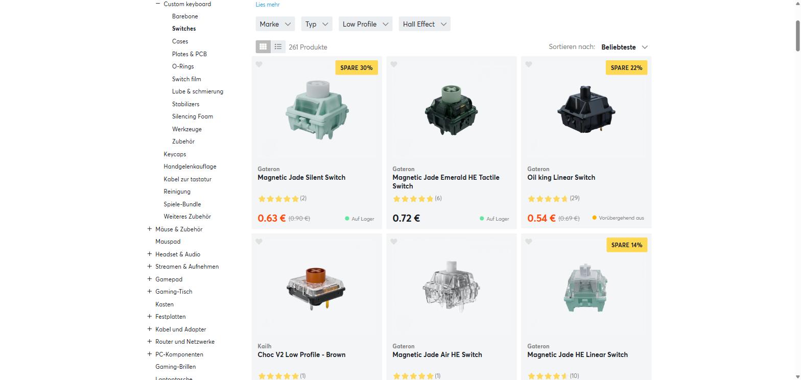 MaxGaming keyboard switch catalogue with 261 switches and custom keyboard parts