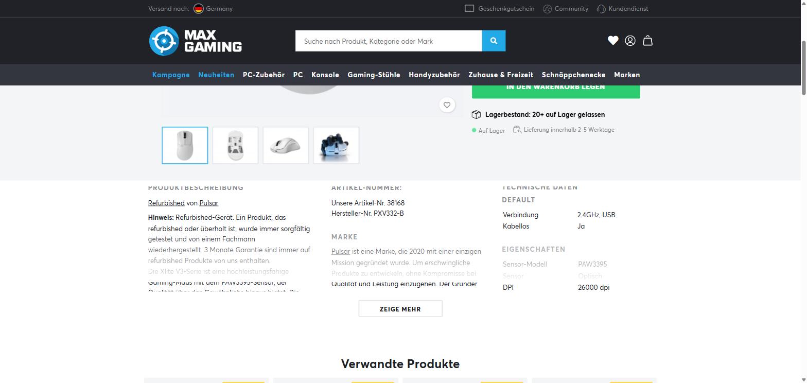 MaxGaming refurbished product page showing three months warranty