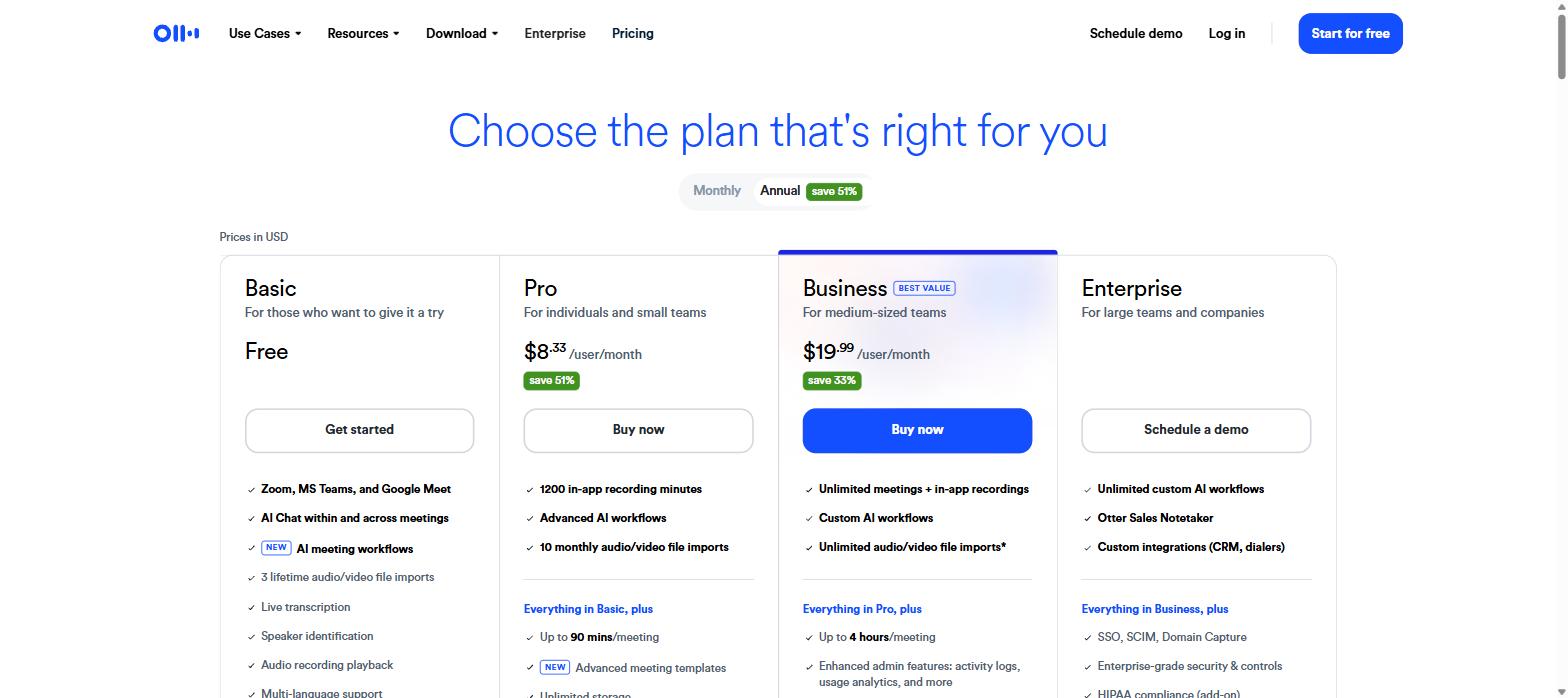 Otter.ai review 2026 — annual pricing showing Pro at $8.33 per user per month and Business at $19.99
