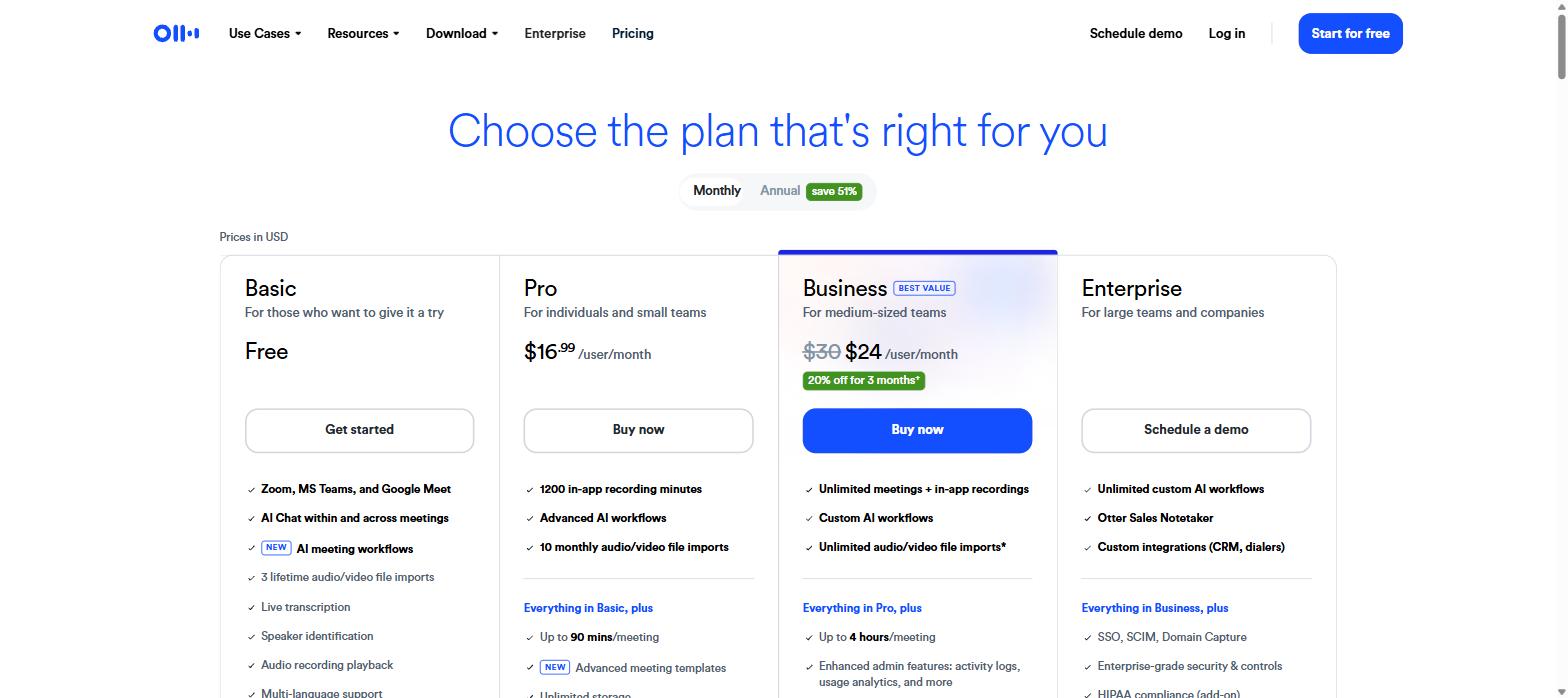 Otter.ai monthly pricing showing Pro at $16.99 per user per month and Business at $24 after discount