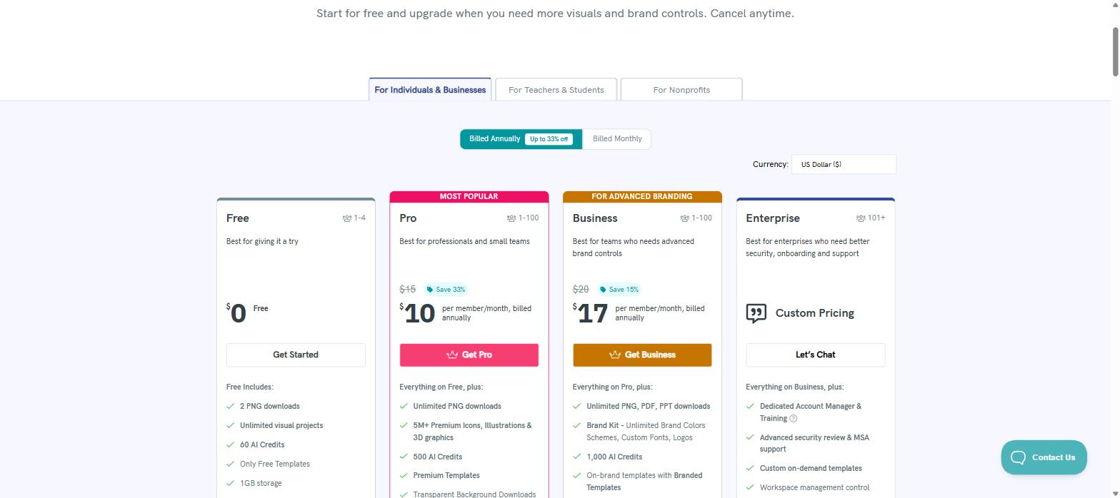 Piktochart pricing page showing Free Pro Business and Enterprise plans with AI credits and download limits