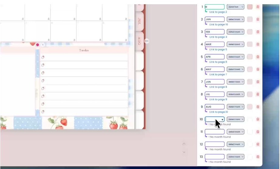 Planify Pro automatic hyperlinking mapping month tabs to planner pages for GoodNotes