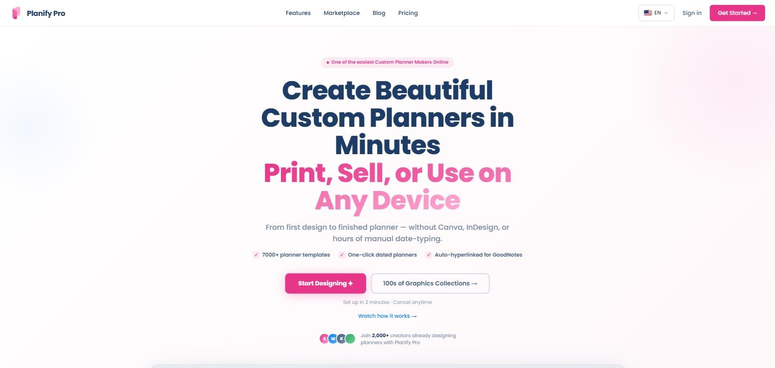 Planify Pro homepage: create custom planners in minutes, print, sell or use on any device