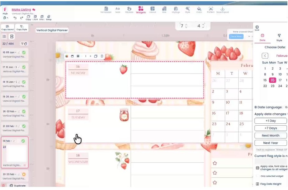 Planify Pro editor generating a dated planner with date picker and next month controls
