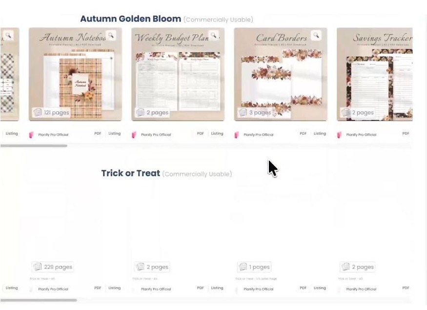 Planify Pro templates library showing commercially usable planner collections