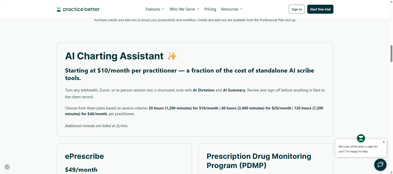 Practice Better AI Charting Assistant add-on pricing by session volume