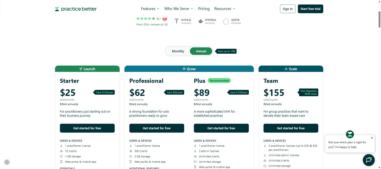 Practice Better annual billing prices showing savings on each plan