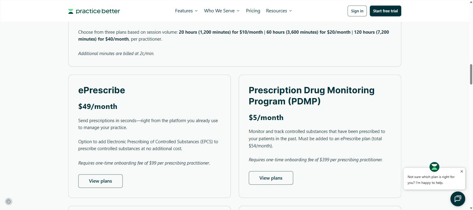 Practice Better ePrescribe and PDMP add-on costs including one-time onboarding fees