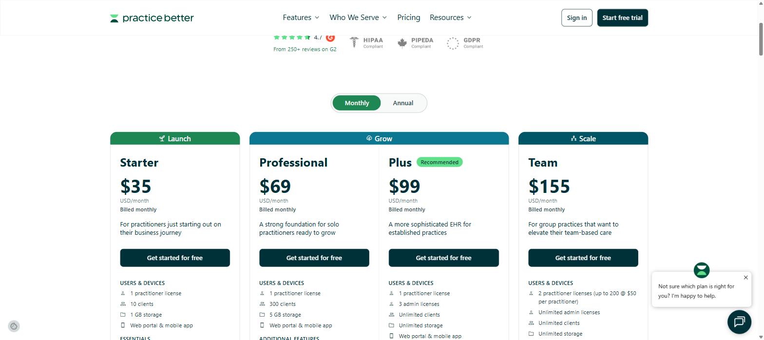 Practice Better pricing plans from Starter at 35 dollars to Team at 155 dollars per month