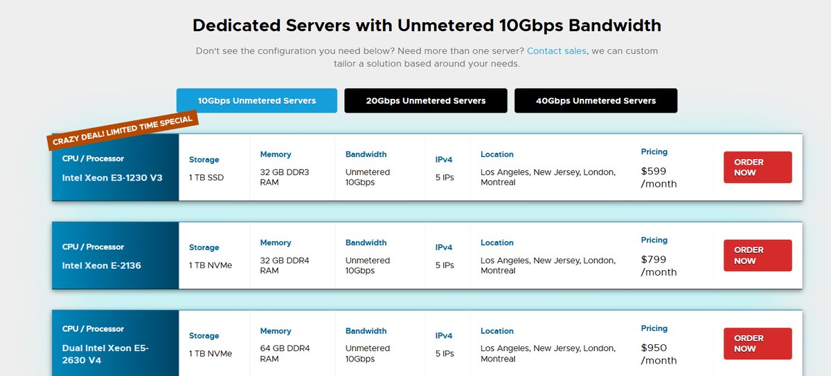 RackNerd dedicated servers with unmetered 10Gbps bandwidth and their locations