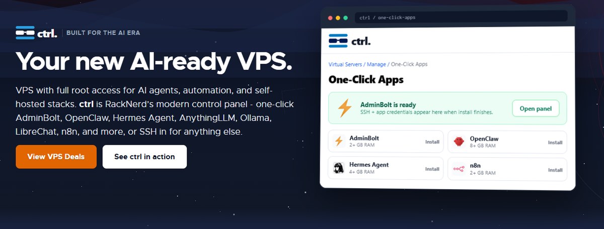RackNerd AI VPS hero showing the ctrl control panel one-click apps screen