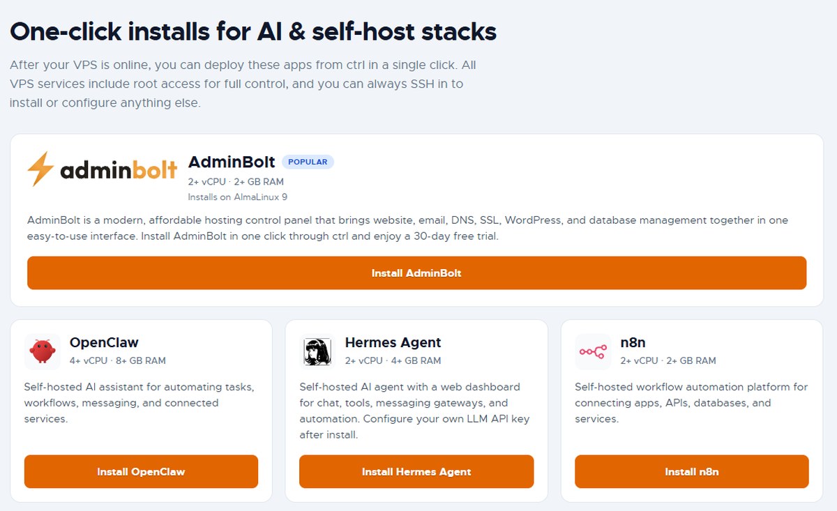 RackNerd AI VPS one-click installs for AdminBolt, OpenClaw, Hermes Agent and n8n with minimum RAM shown