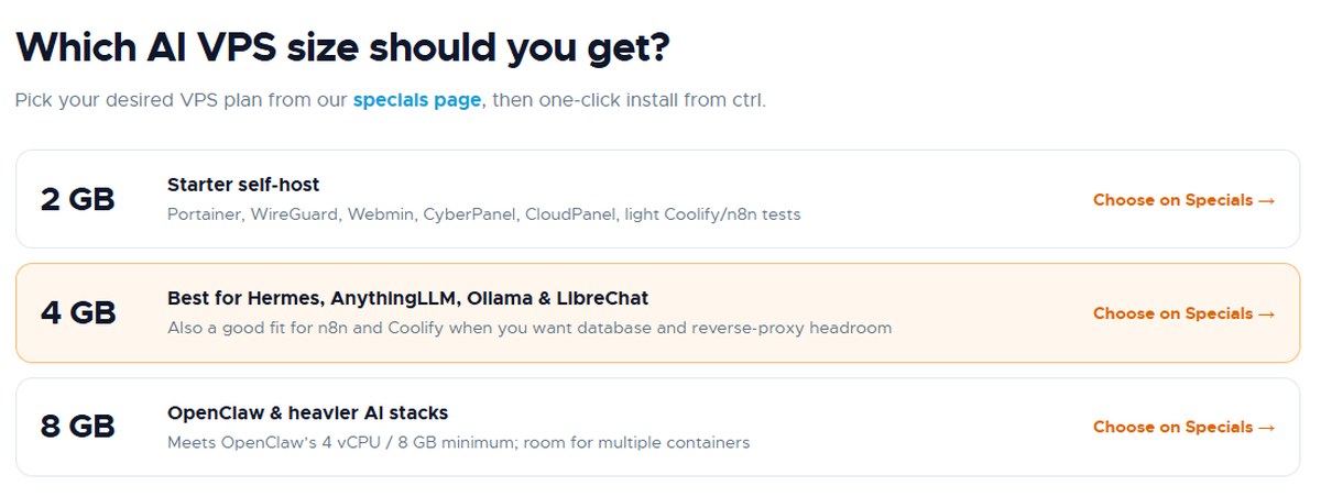Which RackNerd AI VPS size to get: 2 GB for starter self-host, 4 GB for Hermes and Ollama, 8 GB for OpenClaw