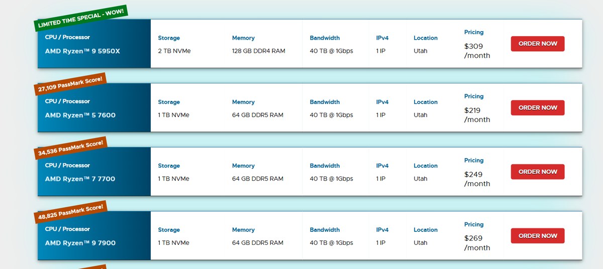RackNerd AMD Ryzen dedicated server plans with PassMark scores and NVMe storage