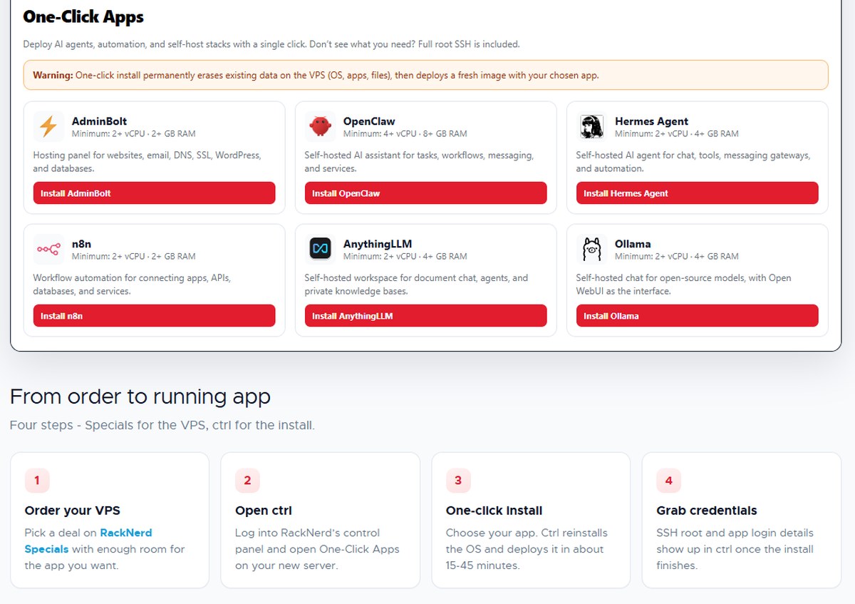 RackNerd ctrl one-click apps with the data-erase warning, and the four steps from order to running app