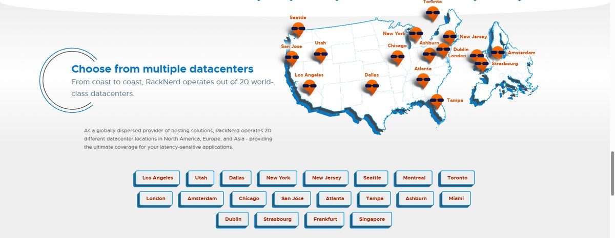 Map of RackNerd datacenter locations with buttons for all 20 sites