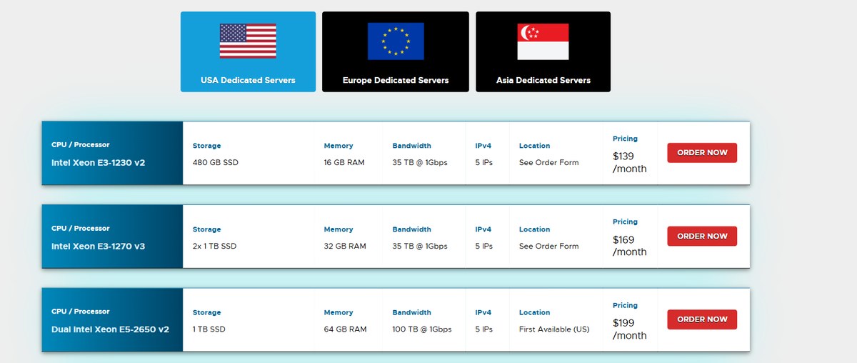 RackNerd Intel Xeon dedicated server plans with storage, RAM, bandwidth and monthly pricing