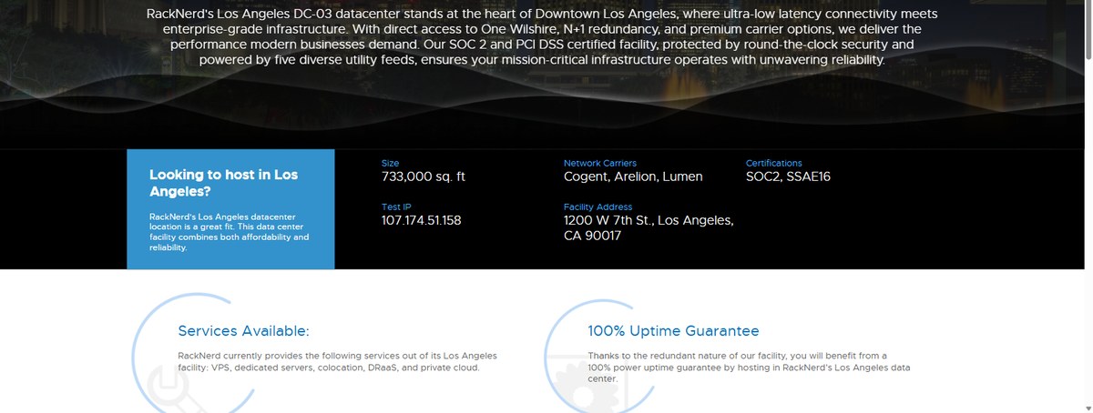 RackNerd Los Angeles DC-03 datacenter specifications: size, carriers, certifications and test IP