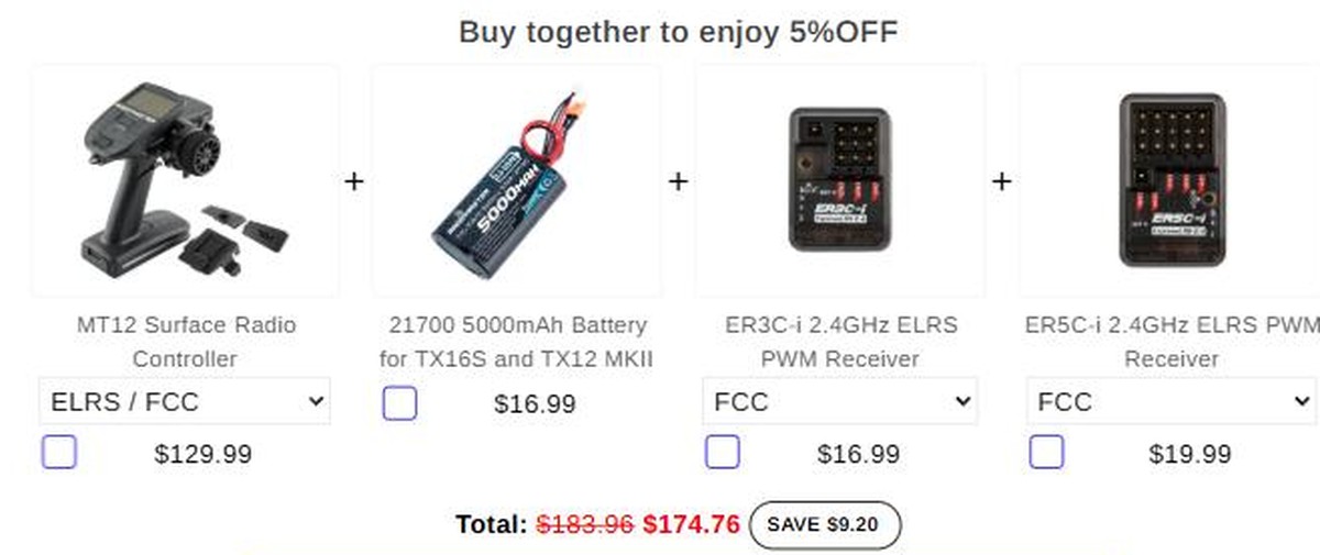 RadioMaster MT12 surface radio bundle with battery and ER series ELRS PWM receivers