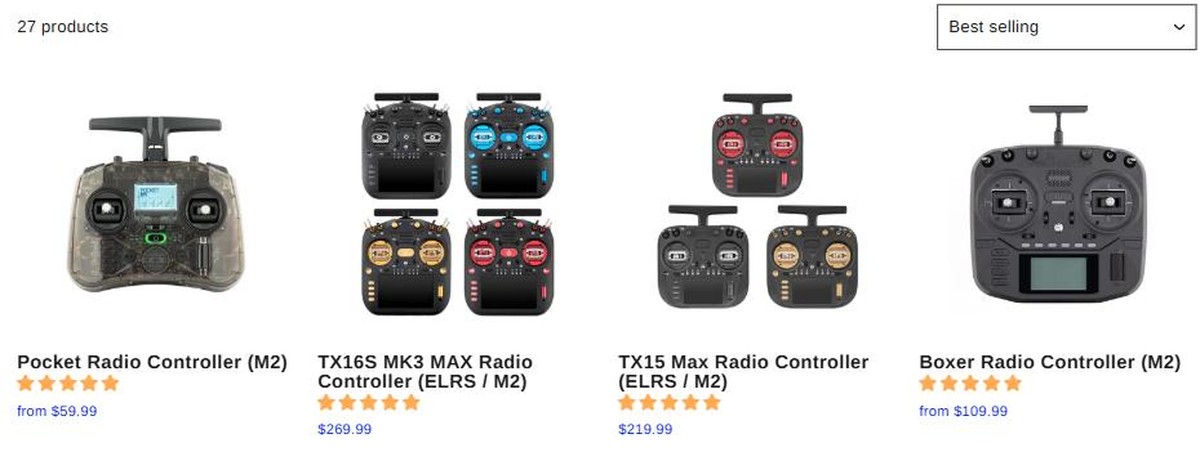 RadioMaster radio controller line-up with model names and prices