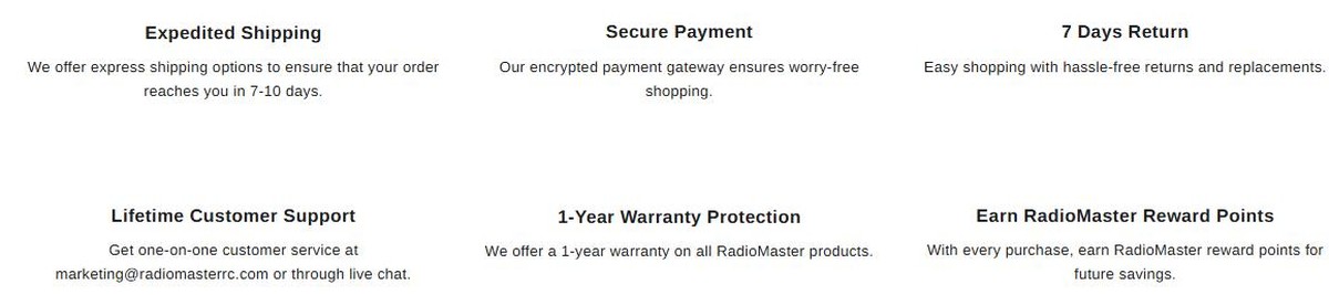 RadioMaster service guarantees including 1-year warranty 7 day return and reward points