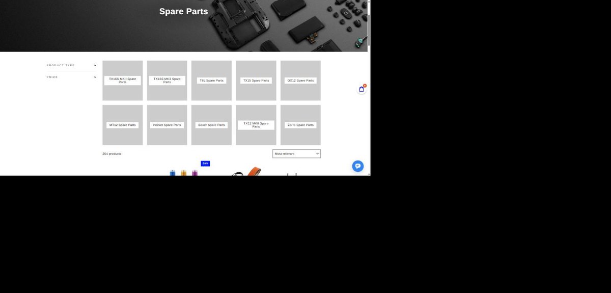 RadioMaster spare parts store with 254 products split by radio model