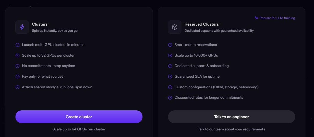 RunPod Clusters and Reserved Clusters options for distributed training
